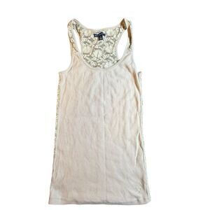 American Eagle Floral Lace Back Racerback Tank Top Ribbed Beige Tan M Y2K Ribbed